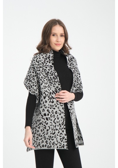 My Vintage Leopar Desenli Triko Örgü Atkı, Triko Atkı, Yumuşak Dokulu Atkı, Kadın Atkı, Atkı, Triko Örgülü Atkı Gri