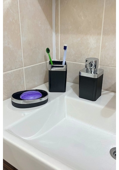 6 Parça Banyo Seti Çöp Kovası, Wc Fırça, Tuvalet Kağıtlık, Diş Fırçalık, Sıvı Sabunluk, Sabunluk Krom - Siyah