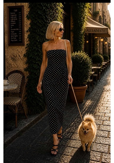 Monaco Dot Sraplez Siluet Elbise Denim Kumaş Midi Boy Lacivert