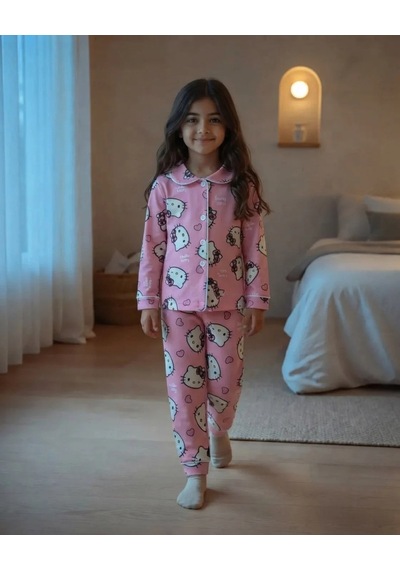Dolaş Kids Kız Çocuk Pembe Hello Kitty Baskılı Önden Düğmeli Pijama Takımı
