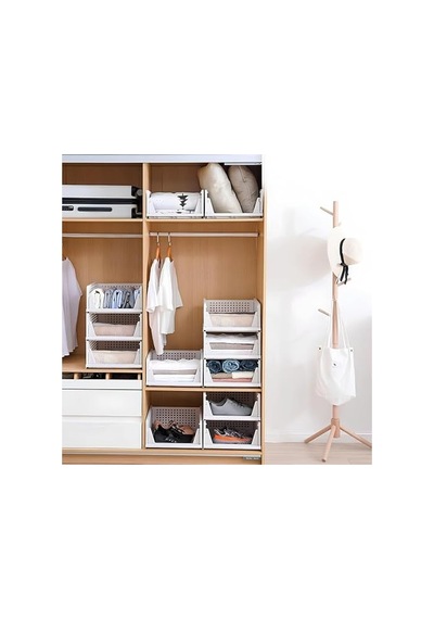 Raylı Elbise Dolap İçi Organizer, 3'lü Set İle Üst Üste Dizilebilir Tasarım Açık Bej