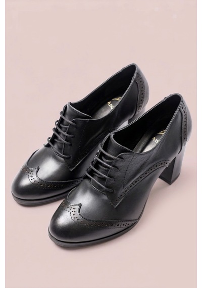 Analin Shoes Kadın Hakiki Deri Bağcıklı Oxford Topuklu Ayakkabı Siyah