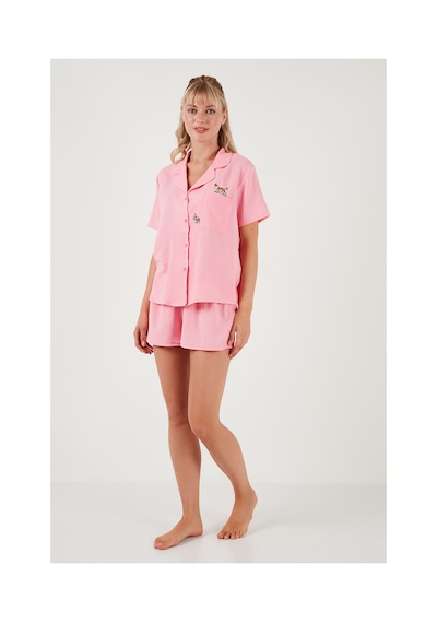 Lela Gömlek Yaka Beli Lastikli Kısa Kollu Şortlu Bayan Pijama Takımı 611Pt00123 Pembe