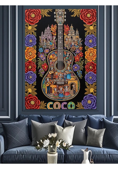 Ahşap Tablo Gitar Çiçekler Müzik Teması Dekoratif Tablolar