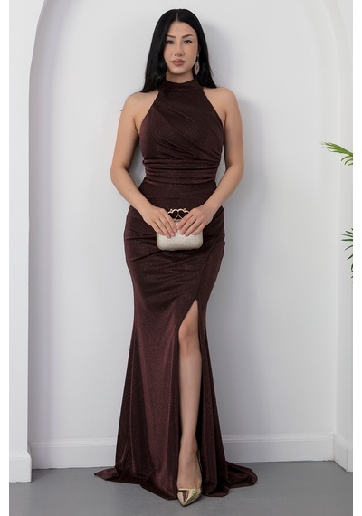 Kalopya Halter Yaka Yırtmaçlı Simli Elbise Drp0013 Kahve