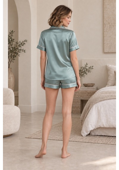 Loule Kadın Mint Kontrast Biyeli Saten Şortlu Pijama Takımı