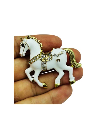 Siyah & Beyaz At Broş - Kristal Taşlı Zarif Horse Brooch Şık Hayvan Figürlü Aksesuar Beyaz