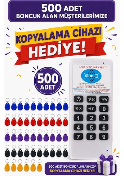 Sarkey Sr-602 H-r Yazılabilir Kopyalanabilir Proximity Anahtarlık 125 Khz Keyfob Karışık Renkler 500 Adet + 1 Adet Rfıd Kopyalama Cihazı Hediyeli
