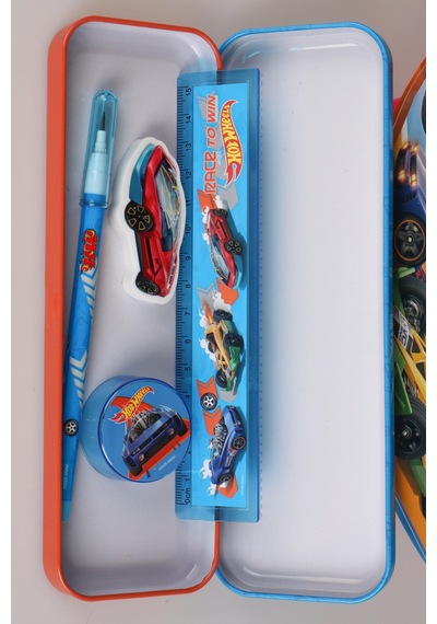 X Dekomus Lisanslı Hotwheels Özel Tasarımlı 5'li Kırtasiye Seti Metal Kalem Kutusu,cetvel,kalem Açık Gri