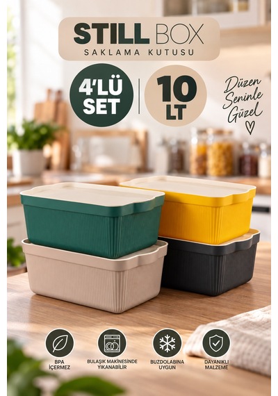 Porsima 4516 Mix Still Box 4'lü Kapaklı Çok Amaçlı Saklama Kutusu Seti 10 Lt Mutfak & Buzdolabı Düzenleyici Kutu Çok Renkli