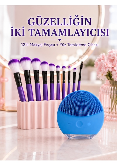 12 Li Mor Makyaj Fırça Seti Ve Silikon Yüz Temizleme Cihazı İkili Makyaj Ve Cilt Bakım Seti - Lisinya