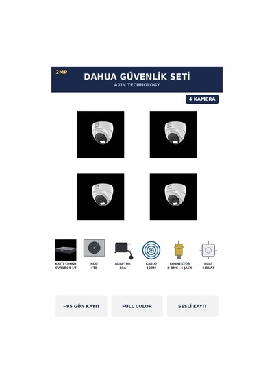 4 Kameralı 2mp Güvenlik Kamera Seti Gece Renkli Full Color Sesli Dome 4tb 95 Gün Kayıt