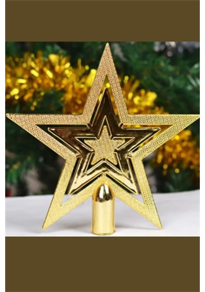 Vintage Altın Simli Yıldız Noel Ağacı Süsü 20 Cm Retro Parlak Ağaç Tepe Süsü / Dekoratif Yılbaşı S