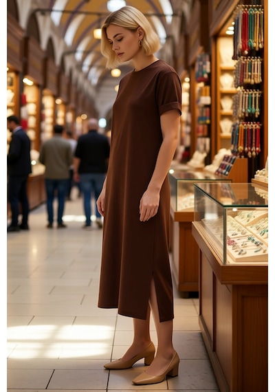 Benerly Kadın Bisiklet Yaka Kısa Kol Midi T-shirt Elbise %100 Pamuk Süpre Koyu Kahverengi