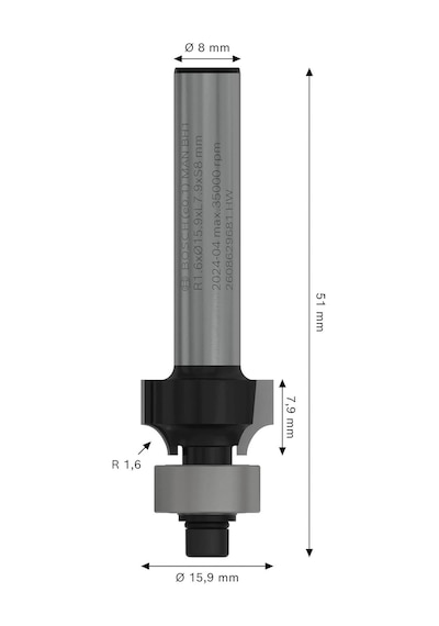Bosch Pro 15.9x7.9mm R1.6 Ahşap Oluk Açma Freze Ucu 2608629681