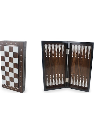 Lüks Ahşap Ceviz Görünümlü Katlanabilir 3 Ü 1 Arada Satranç Dama Tavla Seti 34 X 34 Cm Oyun Takımı