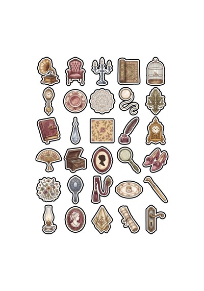 30 Adet Vintage Antika Eşya Sticker Seti - Laptop Ajanda Ve Scrapbook İçin Çok Renkli