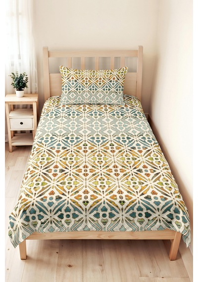 Turkuaz Geometrik Genç Odası Tek Kişilik Pike Takımı - Etnik Hardal 160x220 Cm Kapitone Yatak Örtüsü Naif Gölge Nüansı