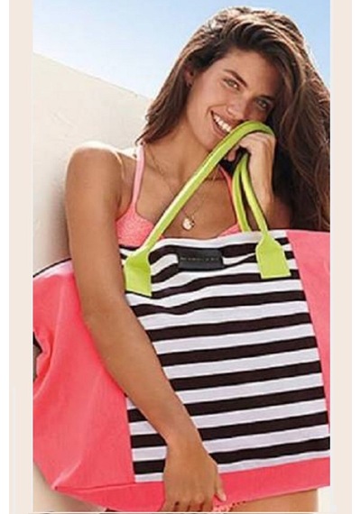 Victoria's Secret Vs Nar Çiçeği Renk Çizgili Kanvas Tote Seyahat Çantası Çok Renkli