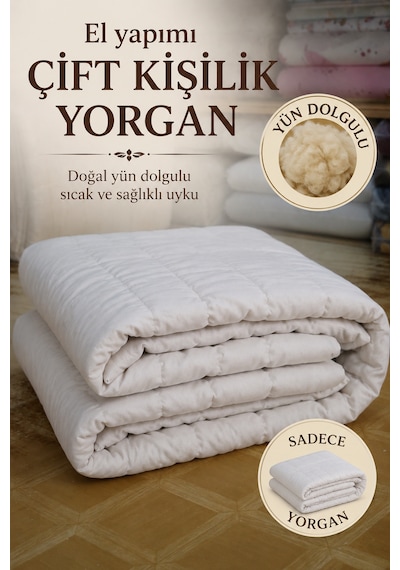 El Yapımı Yün Yorgan Battal Boy 200x220 %100 Koyun Yünü Beyaz