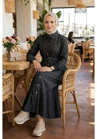 Hb Harma Time Butik Kadın Fırfır Detaylı Düğmeli Kuşaklı Kot Siyah Elbise Siyah Siyah