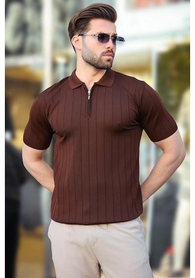 Madmext Madmext Kahverengi Polo Yaka Fermuarlı Erkek T-shirt E7298 Kahverengi