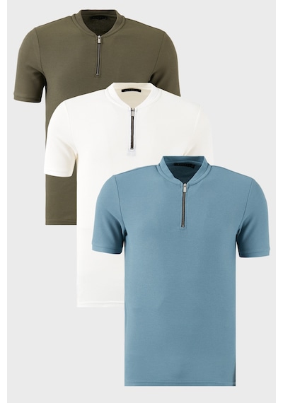 Buratti Pamuklu Regular Fit Yarım Fermuarlı Kolej Yaka 3'Lü Paket Erkek T Shirt 5902653S3 Beyaz-Haki-Mavi