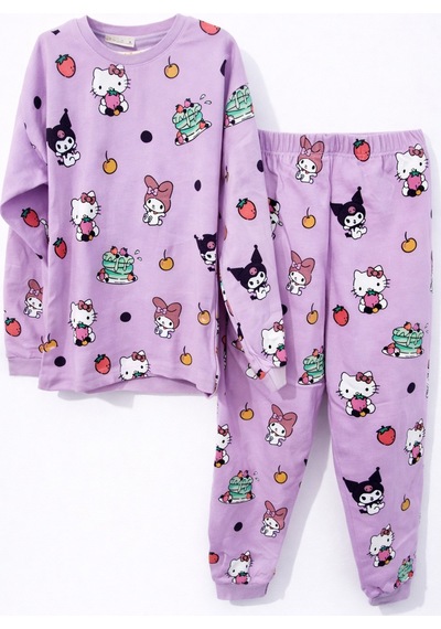 Mini Stella Kids Kuromi Hello Kitty Desenli Kız Çocuk Pijama Takımı Mor