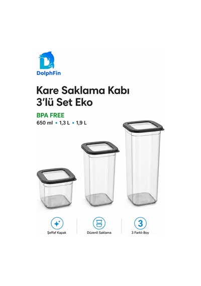 Kare Saklama Kabı 3'lü Set Siyah 650-1300-1900 Ml