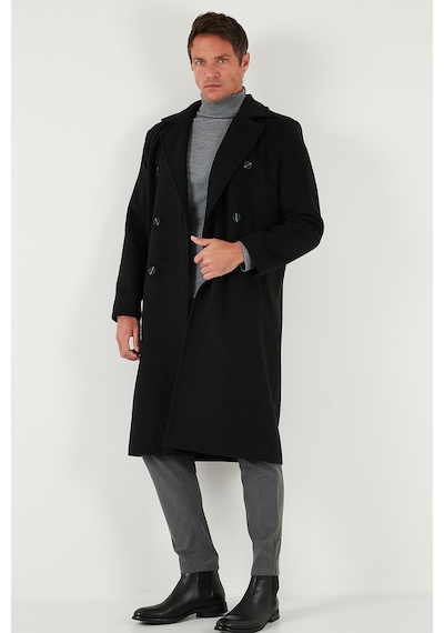 Buratti Loose Fit Kruvaze Yaka Uzun Astarlı Kaşe Erkek Kaban 681003 Siyah