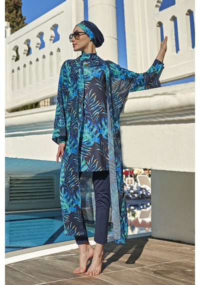 Remsa Mayo Remsa Tesettür Mayo Üzerine Tek Kaftan Kimono Pareo Rp009 Tropikal Lacivert