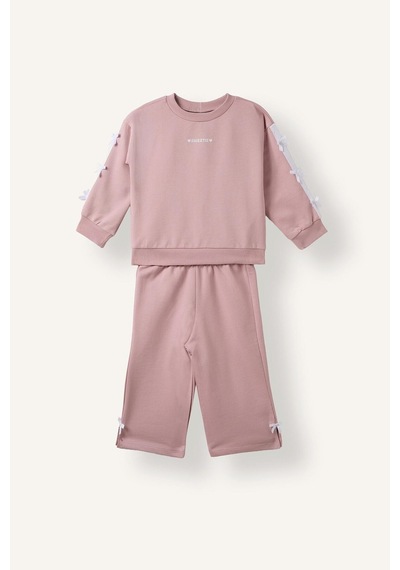 Defacto %100 Pamuk Fiyonk Detaylı Baskılı Basic Sweatshirt Üst Geniş Kesim Alt 2li Takım Kız Bebek I3660a526aupr347 Mor-pr347