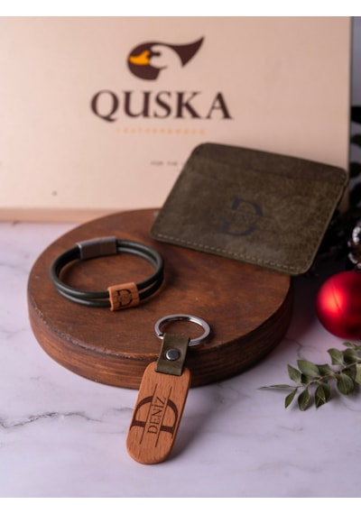 Quska Kişiye Özel İsimli El Yapımı Hakiki Deri Yeşil Kartlık+anahtarlık+bileklik Set - Grain Minimal Yeşil