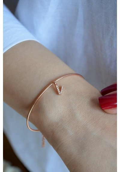 925 Ayar Gümüş Rose V Harfi Kelepçe Bileklik - 45089701 Rose Gold