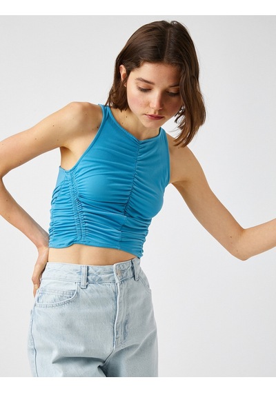 Koton Büzgülü Crop Üst Bisiklet Yaka Mavi 2sal30181ık 2SAL30181IK631