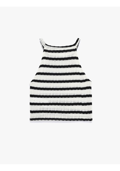 Koton Halter Yaka Kolsuz Kroşe Crop Bluz Siyah Çizgili 6sal30035ık