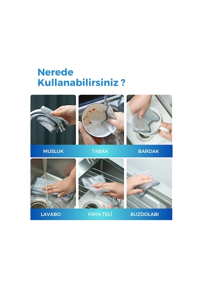 Grimorlife 4 Adet İnox Telli Ovucu 2 Katlı Temizlik Bezi- Çizmez Bulaşık Bezi Bulaşık Teli 20x20 Cm