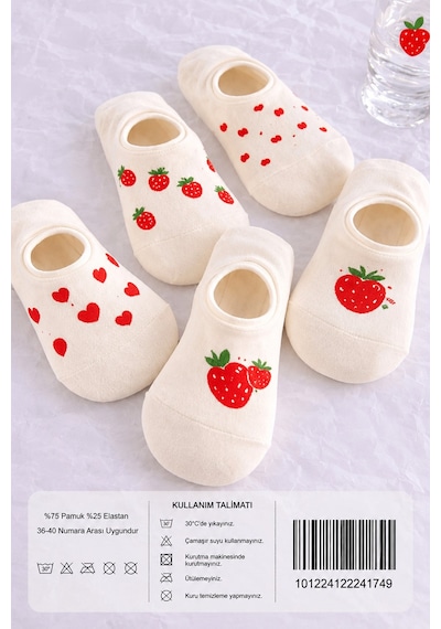 Hitit Socks Kadın5 Çift Çilek Ve Kalp Desenli Yüksek Pamuklu Görünmez Babet Çorap Beyaz