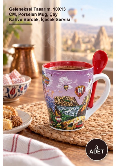 3 Adet Yöresel Porselen Kupa Geleneksel Tasarım, 10x13 Cm, Porselen Mug, Çay Kahve Bardak, İçecek Servisi