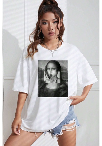 Unisex Mona Lisa Baskılı Tasarım Tshirt Beyaz