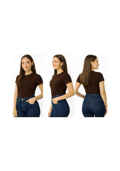 İngegno Body Bisiklet Yaka Yarım Kol Örme Kumaş Viskon Body Kadın 3 Lü Paket Kahverengi - Siyah