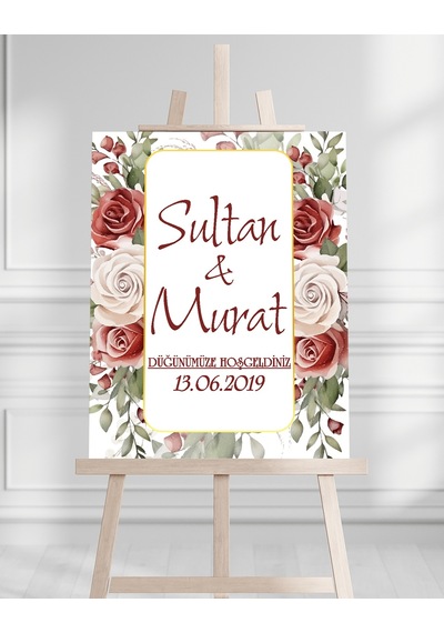 Söz Nişan Düğün İçin 50x70 Karşılama Panosu - Çiçek Desenli Beyaz