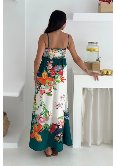 Asprin Fashion İthal Krep Kumaş Desenli Elbise Yeşil Yeşil