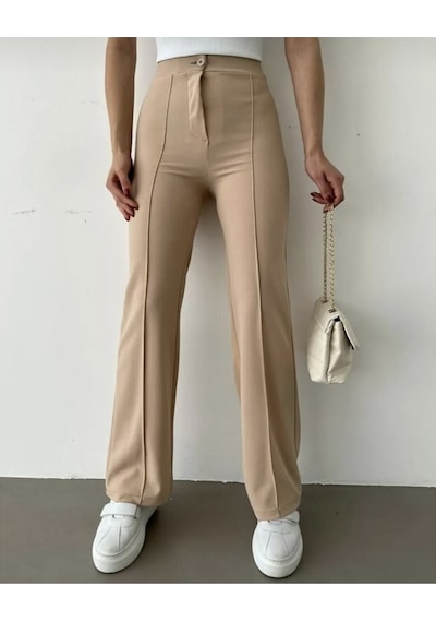 Nevege Butik Nevege Kadın Krep Kumaş Likralı Ön Çimalı Ispanyol Paça Palazzo Pantolon Camel