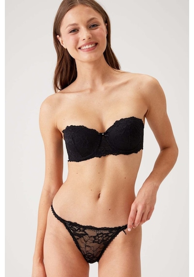 Pierre Cardin Siyah 4563 Pisa Destekli / Push - Up Straplez Dantelli Sütyen Takımı Siyah
