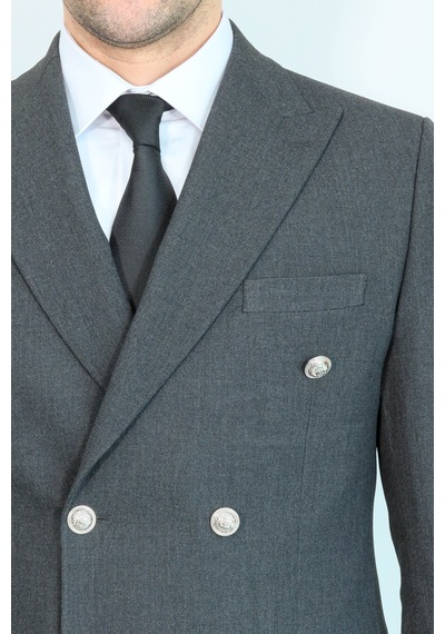 Gümüş Renk Metal Düğmeli Slim Fit Kruvaze Koyu Gri Erkek Takım Elbise Wessi Füme