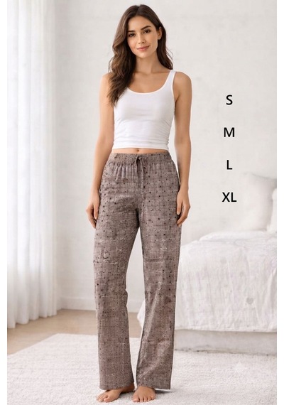 Viskon Pamuklu Kadın Gri Desenli Pijama Pantolon - Mg011 - Mudanis