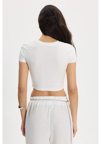 Tudors Kadın Slim Fit Dar Kesim Pamuk Bisiklet Yaka Kısa Kollu Baskılı Ekru Crop Tişört-50535 L