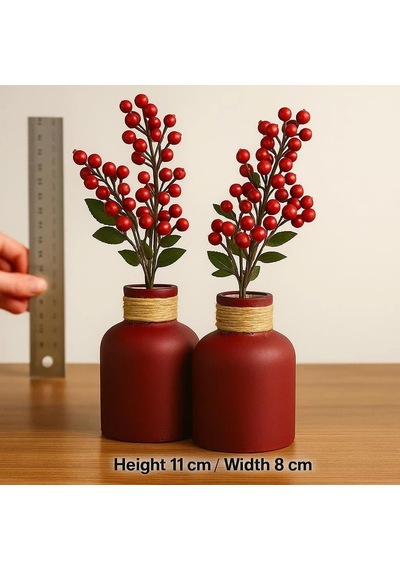 Hasır İpli Bordo Vazo Seti 2 Li 11 Cm El Yapımı Taş Tozu Vazo, Pampas Ve Kuru Çiçek İçin Boho Standart