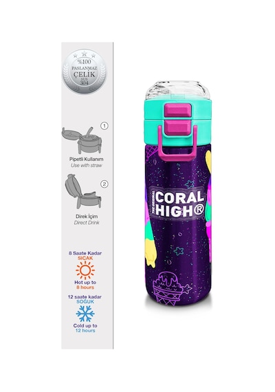 Coral High Kids Mor Pembe Dondurma Desenli Pipetli Ve Direkt İçim Çelik Termos 500 Ml 31980 Mor - Pembe